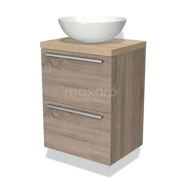 Holz Badezimmermöbel mit zwei Schubladen und rundem Waschbecken, ideal für eine moderne Badezimmergestaltung.