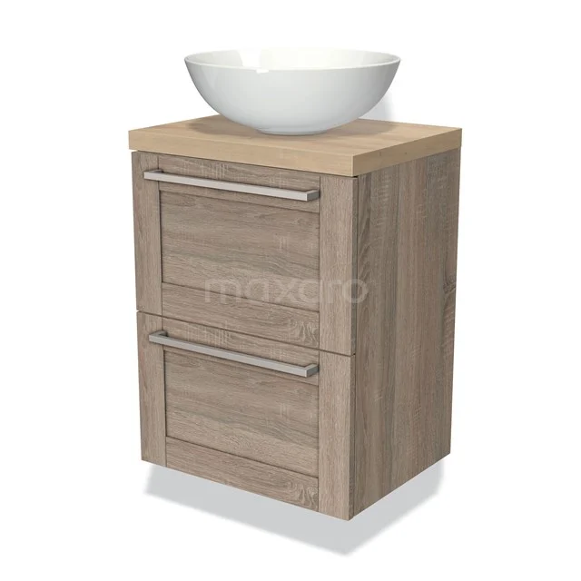 Wooden bathroom unit with two drawers and white bowl-shaped basin, perfect for a modern bathroom design.