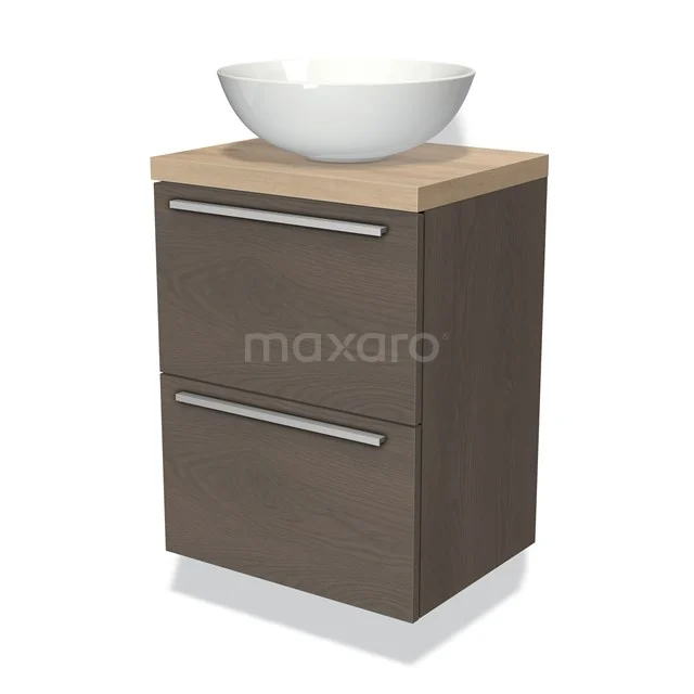 Holz-Badmöbel mit weißem rundem Aufsatzwaschbecken, zwei Schubladen und modernen Metall-Haltegriffen, ideal für ein stilvolles Badezimmer.