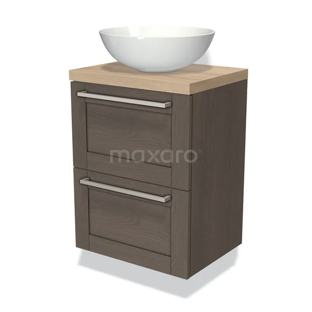 Bathroom unit set dark wood with white countertop wash basin, modern design, two drawers with metal handles, perfect for small bathrooms.