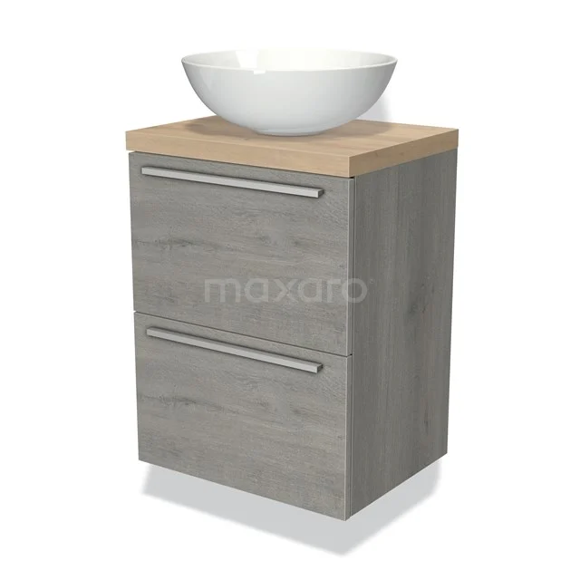 Modulo Plato Slim Vanity units for countertop basin | 50 cm Grey oak Flat front Light brown oak worktop 2 Stacked drawers BMK37-00421