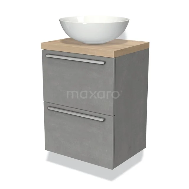 Moderne graue Badmöbelset mit Waschbecken, Holzoptikplatte und schlichten Metallhaltegriffen.