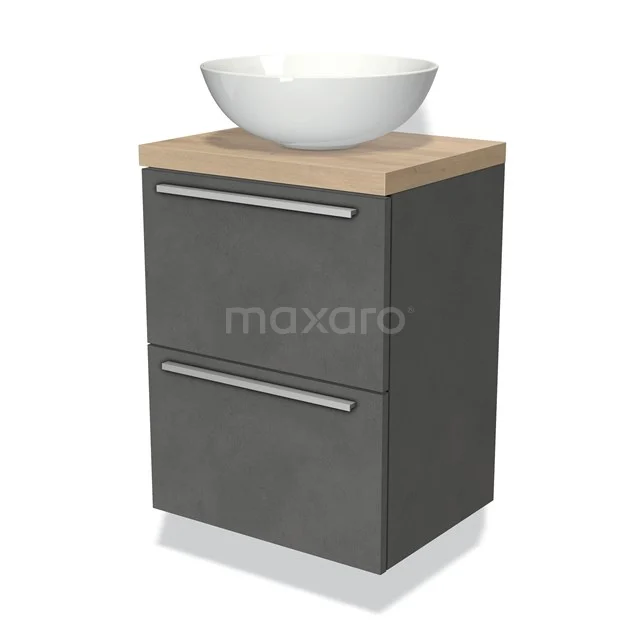 Modulo Plato Slim Vanity units for countertop basin | 50 cm Dark grey concrete Flat front Light brown oak worktop 2 Stacked drawers BMK37-00424
