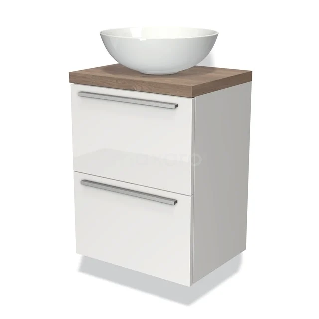 Weißes Badezimmermöbel mit Holzlook Platte, keramischem Aufsatzwaschbecken und zwei Schubladen. Modernes Design, ideal für kompakte Bäder.