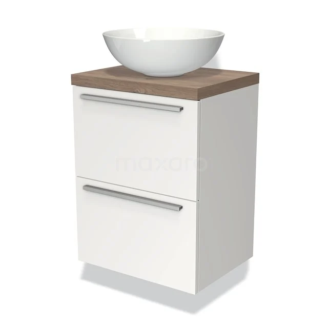 Weißes Badezimmermöbel mit Holzplatte und keramischem Aufsatzwaschbecken, kompaktes Design mit zwei Schubladen und Chrom Haltegriffen.