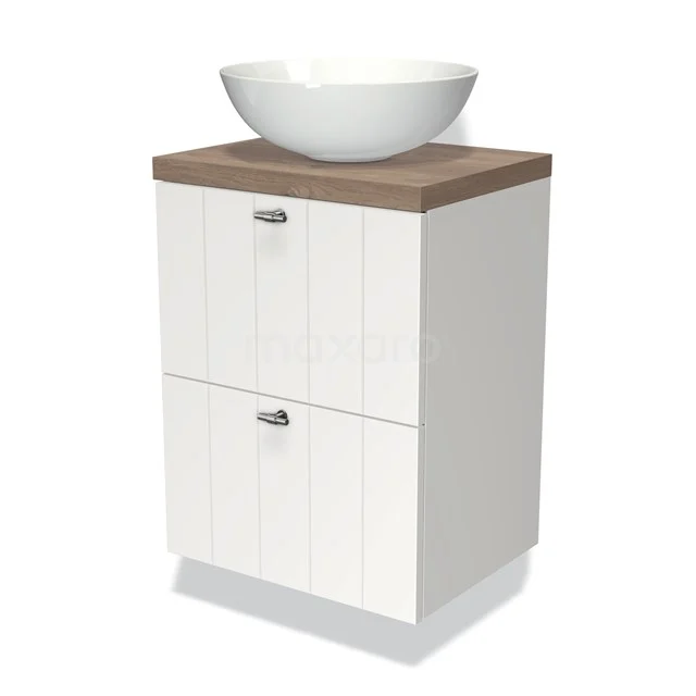 Weißes Badezimmermöbel mit Holzlook Platte und runder Aufsatzwaschbecken, ideal für moderne Badezimmergestaltung.