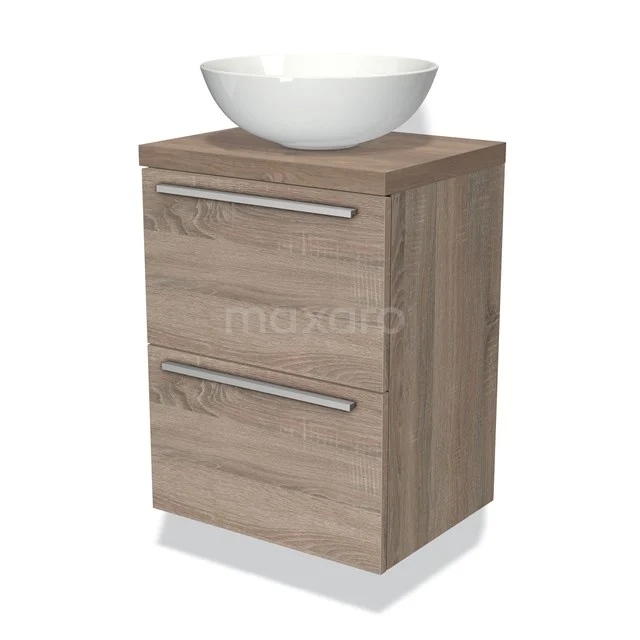 Hölzerner Badschrank mit zwei Schubladen, modernes Design, und weißem Aufsatzwaschbecken aus Keramik obenauf, ideal für ein stilvolles Badezimmer.