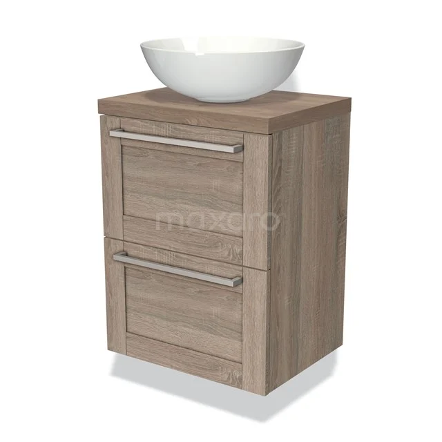 Modulo Plato Slim Vanity units for countertop basin | 50 cm Oak Frame front Mid brown oak worktop 2 Stacked drawers BMK37-00444