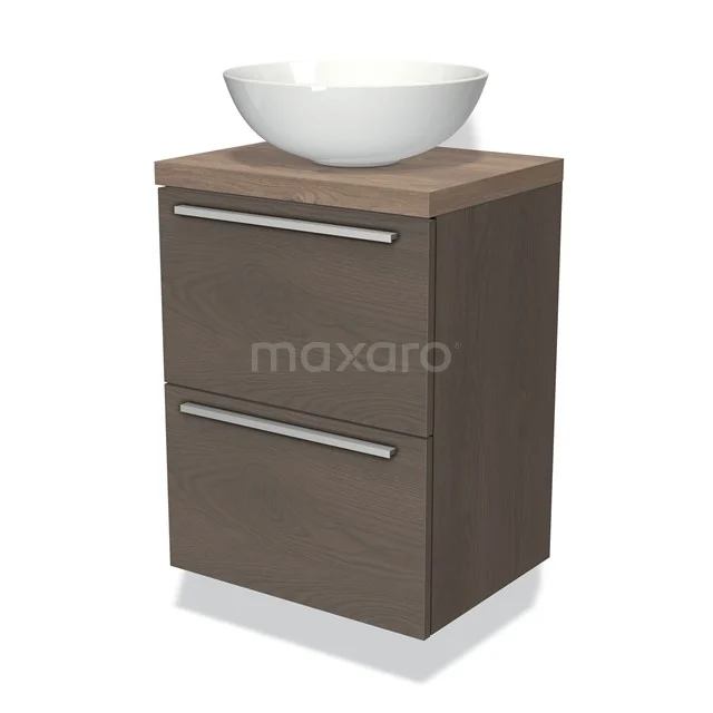 Holz-Badschrank mit zwei Schubladen und einem weißen Keramik-Aufsatzwaschbecken, kompaktes Design für moderne Bäder.