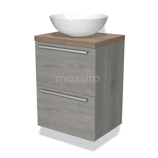 Moderne graue Holzbadezimmer mit Aufsatzwaschbecken, zwei Softclose-Schubladen und einer natürlichen Eichenplatte.