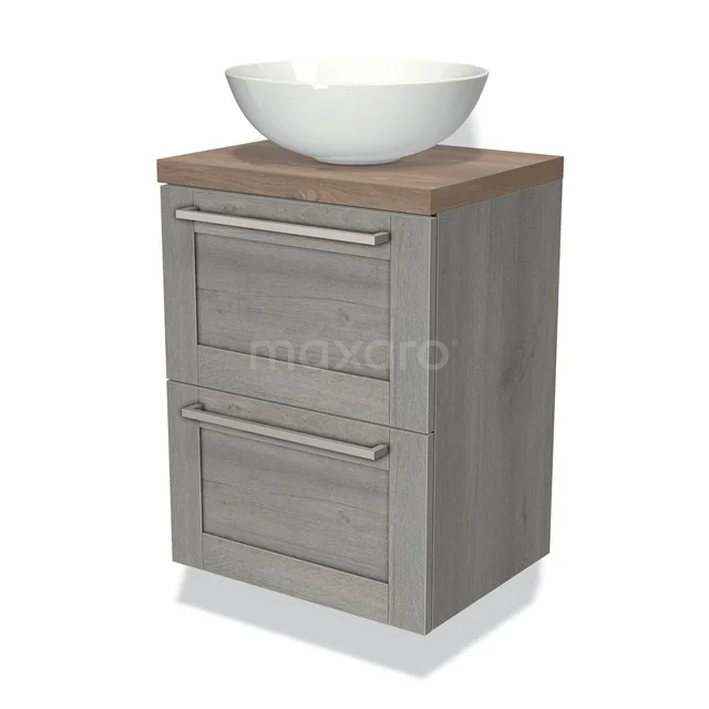 Modulo Plato Slim Vanity units for countertop basin | 50 cm Grey oak Frame front Mid brown oak worktop 2 Stacked drawers BMK37-00452