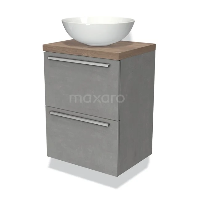 Modulo Plato Slim Vanity units for countertop basin | 50 cm Light grey concrete Flat front Mid brown oak worktop 2 Stacked drawers BMK37-00453