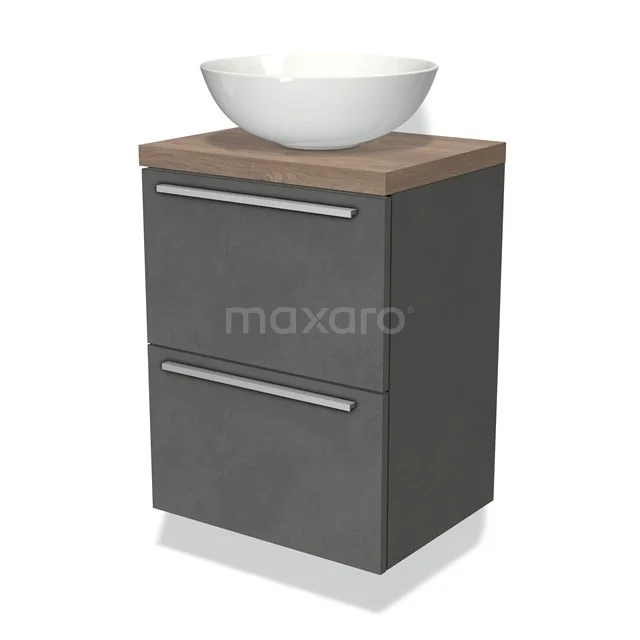 Badmöbel Dunkelgrau mit Holzlook Platte, keramischer Schüssel und 2 Schubladen, modernes Design, ideal für kleine Bäder.