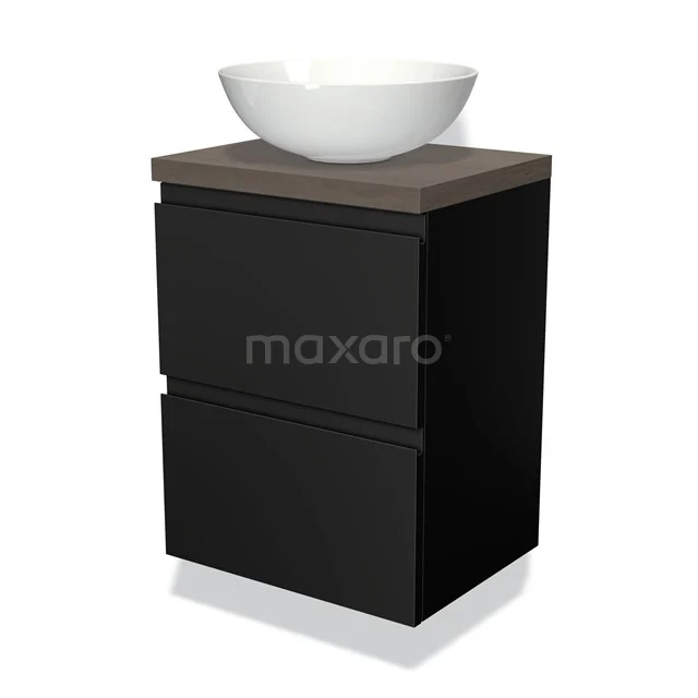 Modulo Plato Slim Vanity units for countertop basin | 50 cm Matte black Handle-less front Dark brown oak worktop 2 Stacked drawers BMK37-00457