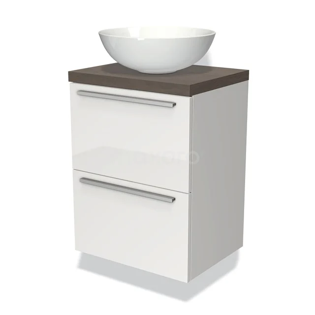 Weißes Badezimmermöbel mit Holzplatte, Aufsatzwaschbecken und zwei Schubladen, modernes Design, ideal für kompakte Bäder.