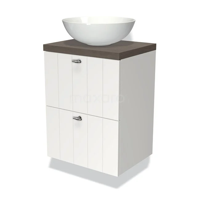 White bathroom unit with wood-look worktop, two drawers and a round white countertop wash basin, ideal for modern bathroom fittings.