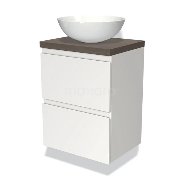 Weißes Badezimmermöbel mit Holzplatte, zwei Schubladen und einem runden Aufsatzwaschbecken; ideal für moderne Bäder.