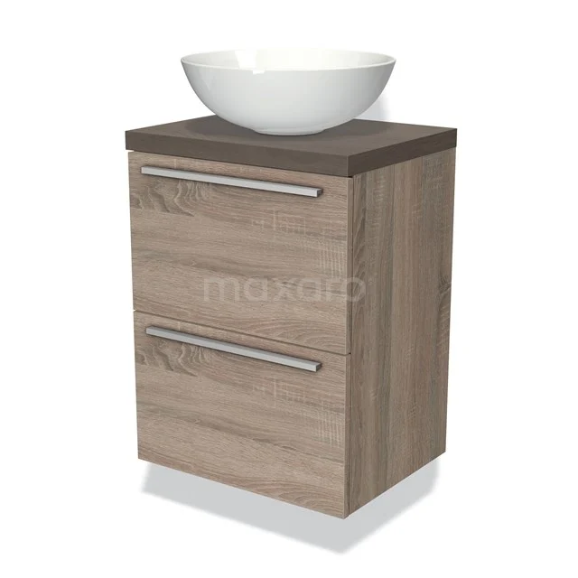 Holz-Badschrank mit modernem Waschbecken, zwei Schubladen und metallischen Haltegriffen, geeignet für stilvolle Badezimmergestaltung.