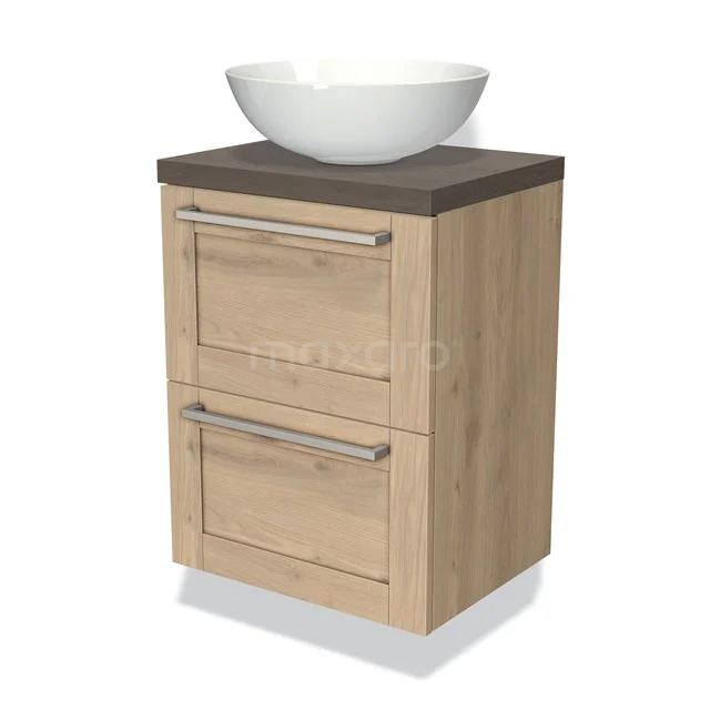 Wooden bathroom unit with two drawers, white top washbasin and dark wood worktop for stylish bathroom design.