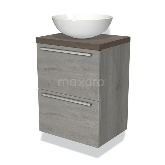 Holz Badezimmermöbel mit grauer Furnieroberfläche, zwei Schubladen und weißem Aufsatzwaschbecken. Ideal für moderne Bäder.