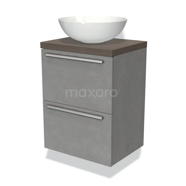 Modulo Plato Slim Vanity units for countertop basin | 50 cm Light grey concrete Flat front Dark brown oak worktop 2 Stacked drawers BMK37-00483