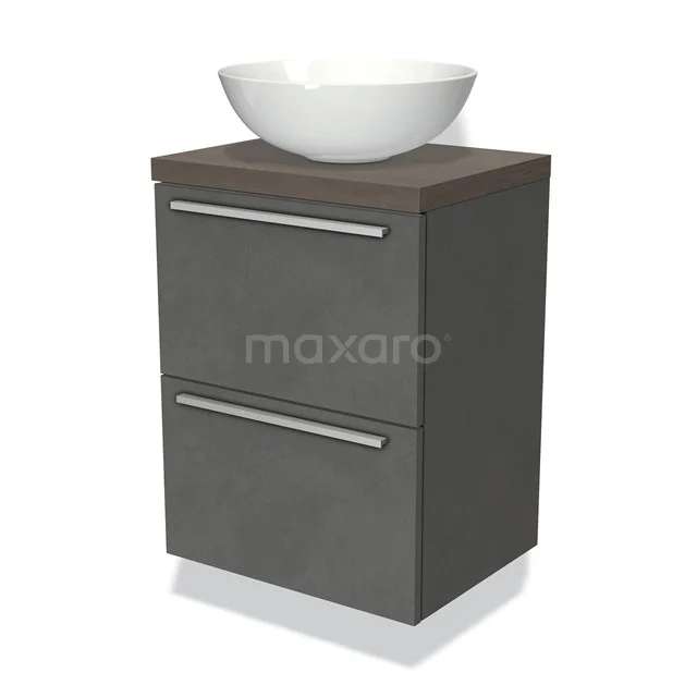 Graue Badmöbelset mit Holzlook Platte, keramischem Aufsatzwaschbecken und 2 Schubladen; moderner Stil, ideal für kompakte Bäder.