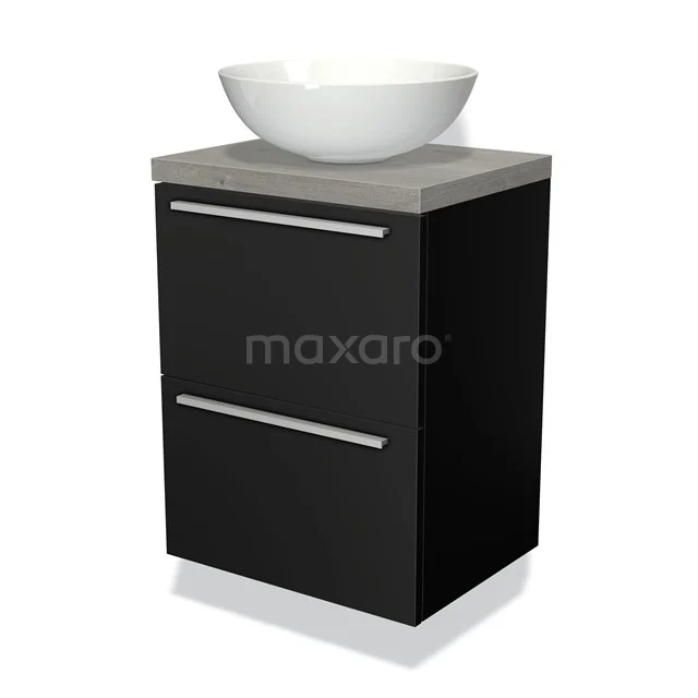 Modulo Plato Slim Badmöbel mit Aufsatzwaschbecken | 50 cm Matt Schwarz Flach front Graue Eiche blatt 2 übereinanderliegende Schubladen BMK37-00485 Schwarzer Badschrank mit Betonplatte und weißem Aufsatzwaschbecken, modernes Design, ideal für stilvolle Badezimmerlagerung.