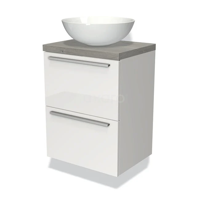 White Bathroom unit with grey wooden top and round basin, modern design with two drawers and metal handles.
