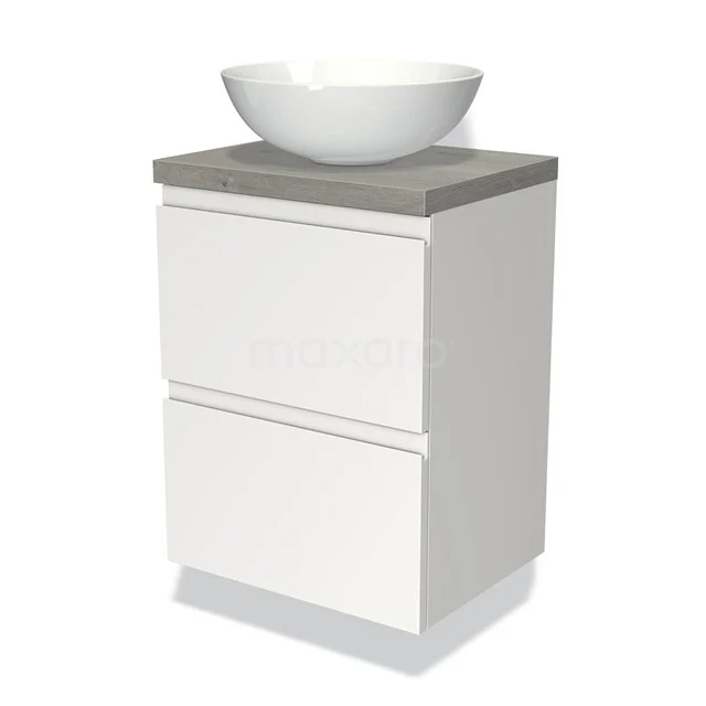 Weißes Badezimmermöbel mit zwei Schubladen, grauer Steinplatte und rundem Aufsatzwaschbecken, perfekt für moderne Badezimmergestaltungen.