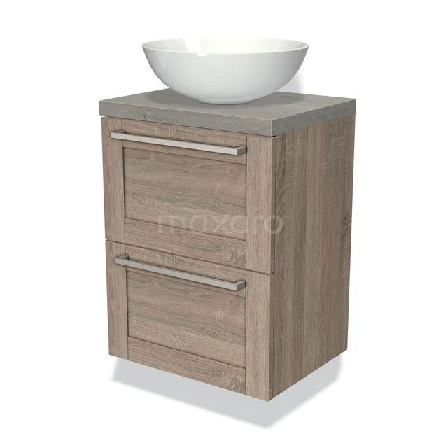 Modulo Plato Slim Badmöbel mit Aufsatzwaschbecken | 50 cm Eiche Rahmen front Graue Eiche blatt 2 übereinanderliegende Schubladen BMK37-00504 Holz Badezimmermöbel mit Betonlook Platte, zwei Schubladen und einem runden, weißen Waschbecken; moderne und praktische Ausstrahlung.