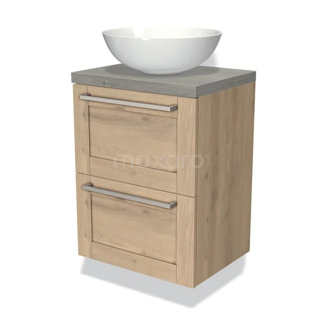 Wooden bathroom cabinet with 2 drawers, grey top and white round countertop wash basin; stylish and compact for modern bathrooms.