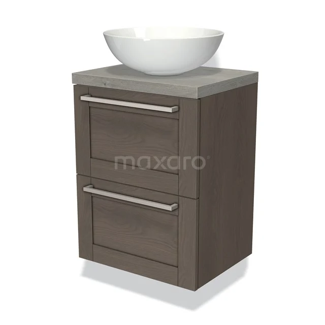 Compact wooden vanity unit with 2 drawers, grey top and white top washbasin, ideal for modern bathroom design.