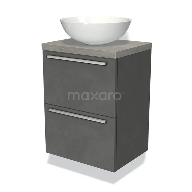 Graue Badmöbelset mit zwei Schubladen, Betonlook-Oberfläche und Aufsatzwaschbecken, ideal für ein modernes Badezimmer.