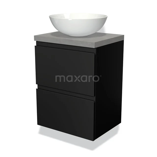 Schwarzes Badmöbel mit zwei Schubladen, Betonlook Waschtischplatte und weißem Aufsatzwaschbecken; stilvolles und kompaktes Design.