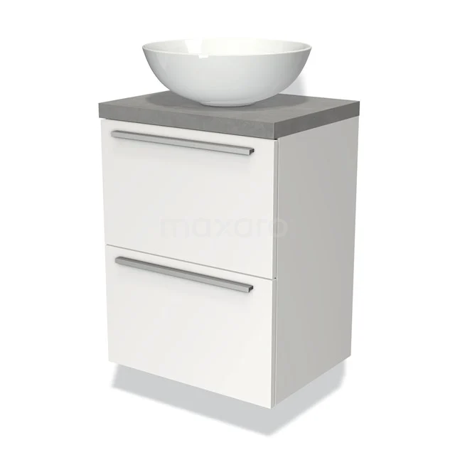 Modulo Plato Slim Badmöbel mit Aufsatzwaschbecken | 50 cm Matt Weiß Flach front Hellgrauer Beton blatt 2 übereinanderliegende Schubladen BMK37-00524 Weißes Badezimmermöbel mit zwei Schubladen, graue Platte und rundes Waschbecken aus Keramik, modernes Design.