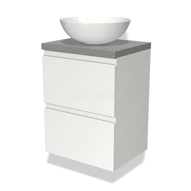 Modulo Plato Slim Badmöbel mit Aufsatzwaschbecken | 50 cm Matt Weiß Grifflos front Hellgrauer Beton blatt 2 übereinanderliegende Schubladen BMK37-00526 Weißes Badezimmermöbel mit zwei Schubladen, Betonplatte und rundem Waschbecken; stilvoll und kompakt für moderne Bäder.
