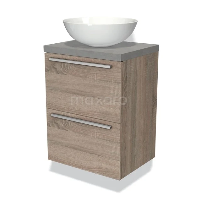 Modulo Plato Slim Badmöbel mit Aufsatzwaschbecken | 50 cm Eiche Flach front Hellgrauer Beton blatt 2 übereinanderliegende Schubladen BMK37-00533 Holz Badezimmermöbel mit zwei Schubladen, Grau Platte und weißem Aufsatzwaschbecken, ideal für moderne Badezimmergestaltung.