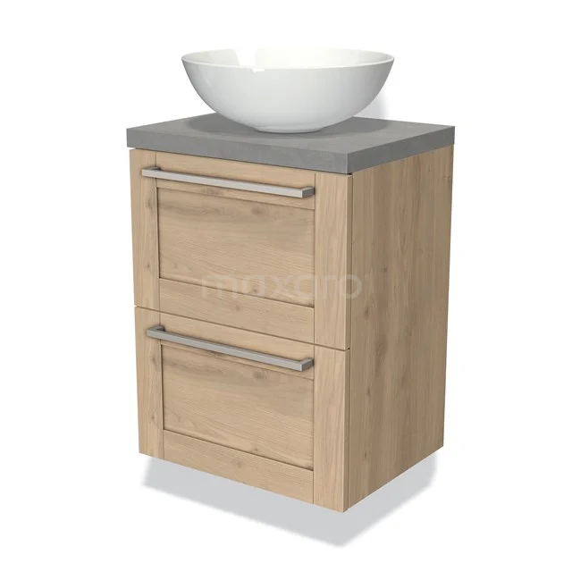 Wooden bathroom cabinet with two drawers, grey worktop and white basin bowl; ideal for modern bathroom storage.