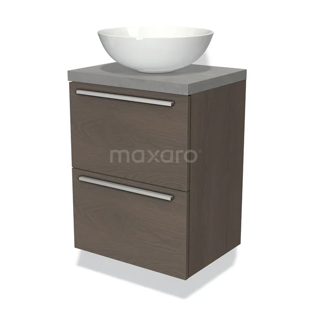 Brauner Holz-Badschrank mit zwei Schubladen und weißem Aufsatzwaschbecken, modernes Design, ideal für stilvolle Badezimmerlagerung.