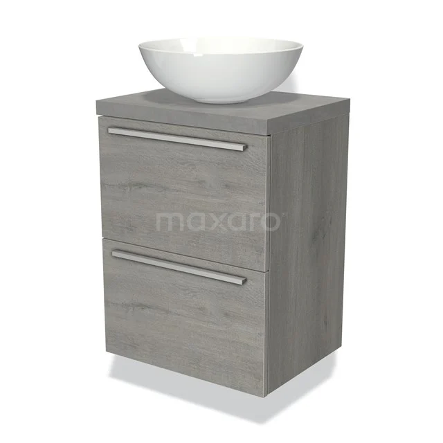 Kompakter Holz-Badschrank Grau mit zwei Schubladen und einem weißen Aufsatzwaschbecken, ideal für moderne Badezimmergestaltung.