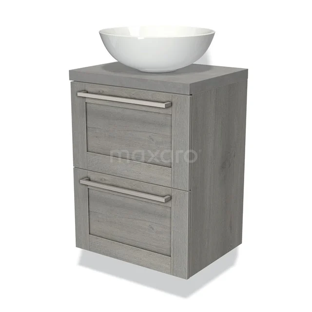 Grijs houten badkamermeubel met twee lades en een witte ronde waskom, ideaal voor een moderne badkamer inrichting.