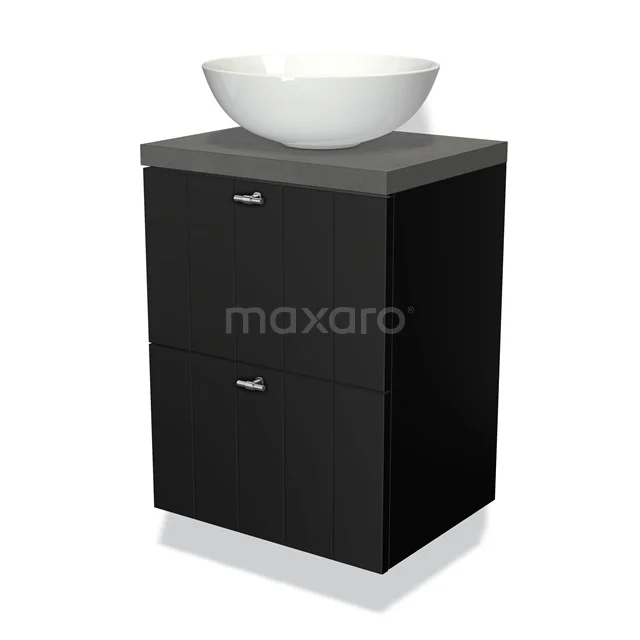 Modulo Plato Slim Vanity units for countertop basin | 50 cm Matte black Slat front Dark grey concrete worktop 2 Stacked drawers BMK37-00547 Black bathroom cabinet with two drawers, concrete grey worktop and white basin bowl; stylish and compact design.