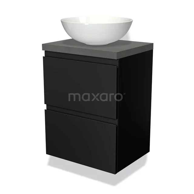 Zwart badkamermeubel met twee lades, grijs blad en witte waskom van keramiek, modern design voor stijlvolle badkamers.