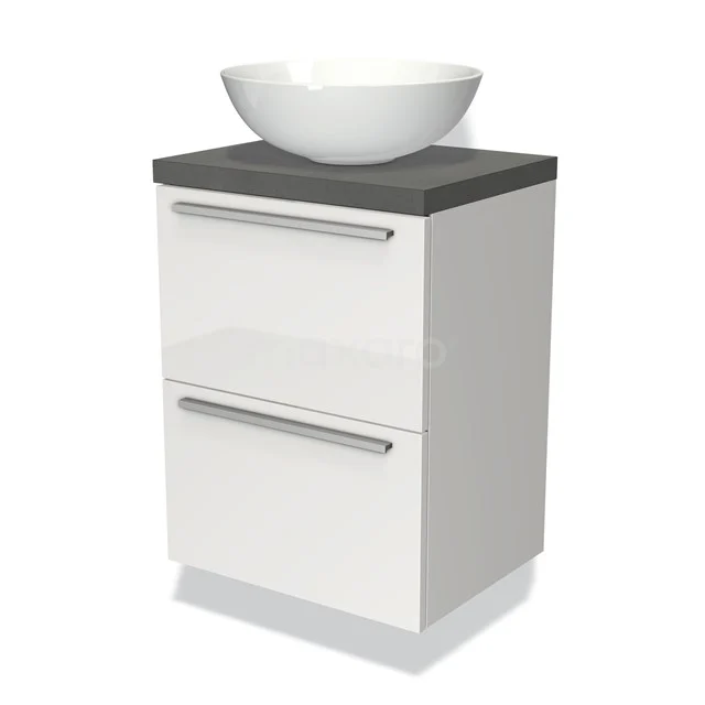Weißes Badezimmermöbel mit grauer Oberseite, keramischem Aufsatzwaschbecken und zwei Schubladen. Modernes Design, ideal für stilvolle Bäder.
