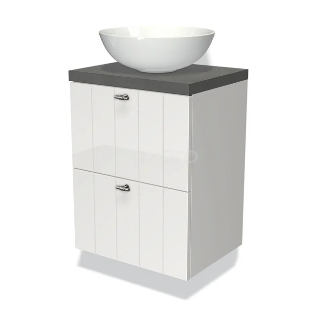 White Bathroom cabinet with grey worktop and ceramic countertop wash basin, modern design, ideal for a stylish storage solution in the bathroom.