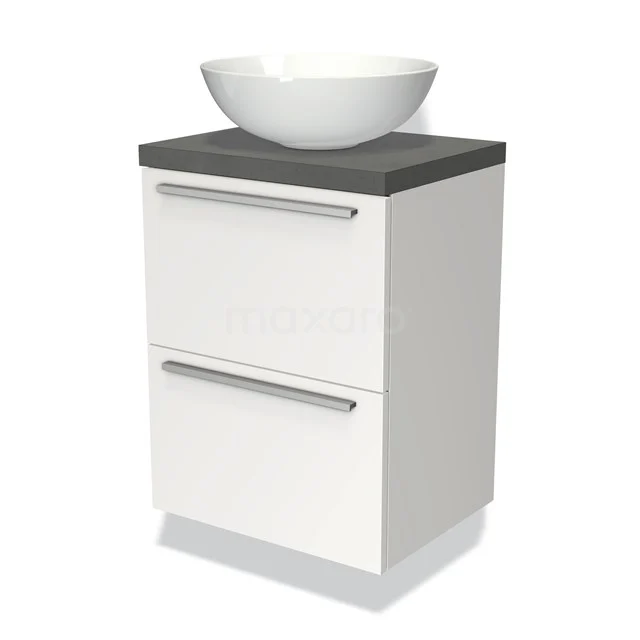 Badmöbel mit Konsole 50cm Modulo Plato Slim Matt Weiß 2 Schubladen Flach BMK37-00555 Weiße Badmöbelset mit grauer Platte und rundem Aufsatzwaschbecken, zwei Schubladen und chromfarbenen Haltegriffen, idealer Stauraum im modernen Badezimmer.