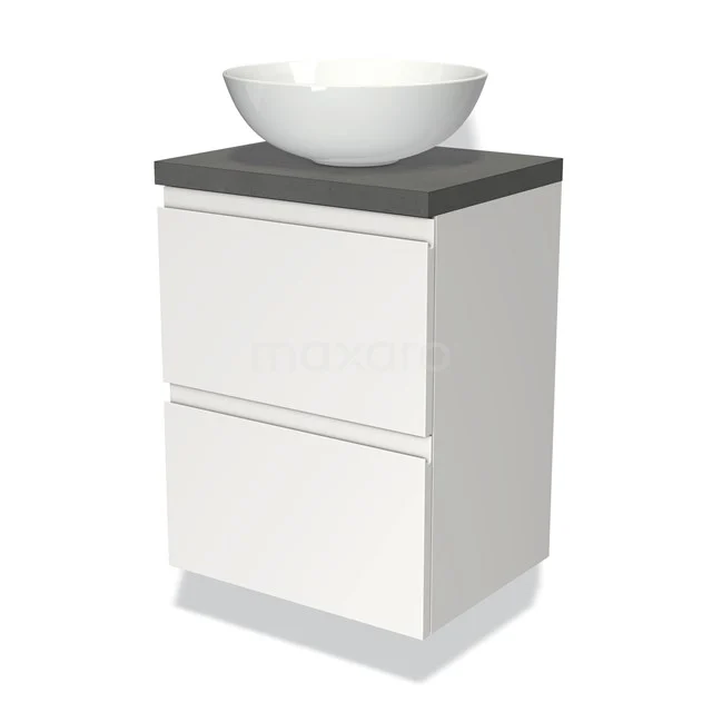 Badmöbel mit Konsole 50cm Modulo Plato Slim Matt Weiß 2 Schubladen Grifflos BMK37-00557 Weißes Badezimmermöbel mit zwei Schubladen, graue Platte und rundes Waschbecken; modernes Design, ideal für ein stilvolles Badezimmer.