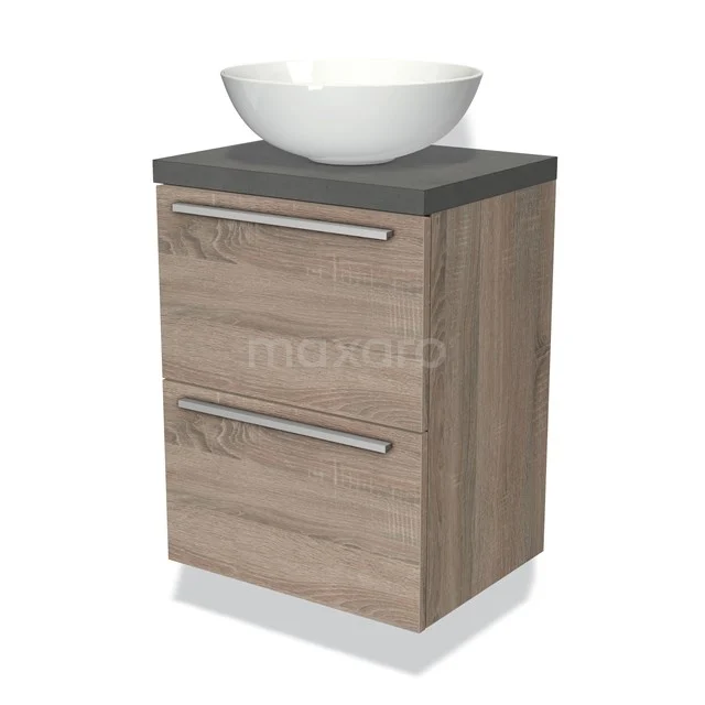 Badmöbel mit Konsole 50cm Modulo Plato Slim Eiche 2 Schubladen Flach BMK37-00564 Badmöbel mit Waschbecken, Holzlook-Design, graue Oberseite, 2 Schubladen und moderne Haltegriffe. Perfekt für kleine Bäder.