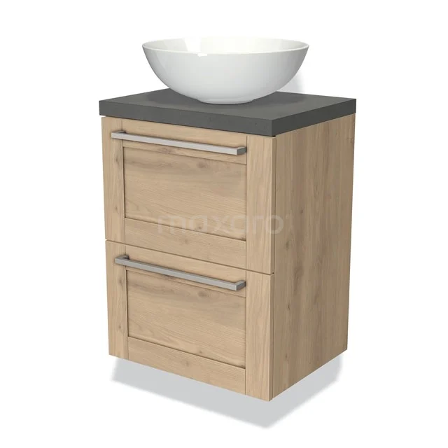Wooden bathroom cabinet with grey top and white countertop basin, two drawers and modern handles.