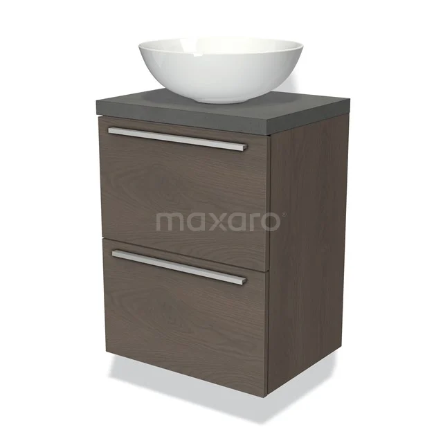 Modulo Plato Slim Badmöbel mit Aufsatzwaschbecken | 50 cm Dunkelbraune Eiche Flach front Dunkelgrauer Beton blatt 2 übereinanderliegende Schubladen BMK37-00572 Badmöbel mit Aufsatzwaschbecken, dunkles Holz, graue Platte, zwei Schubladen mit silberfarbenen Haltegriffen, modernes Design.